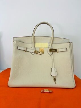 Cream Leather Top-Handle Tote Bag with Gold Hardware